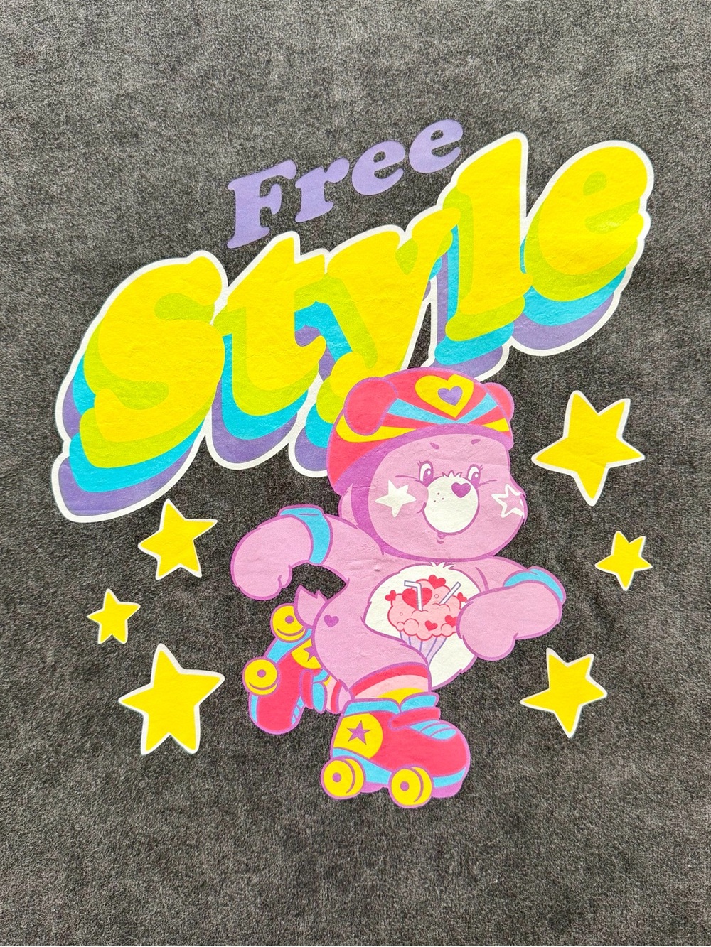 ROMWE 🌈💕 Care Bears Rollerskating Share Bear “Free Style” Stone-Washed Tee - Picture 4 of 5